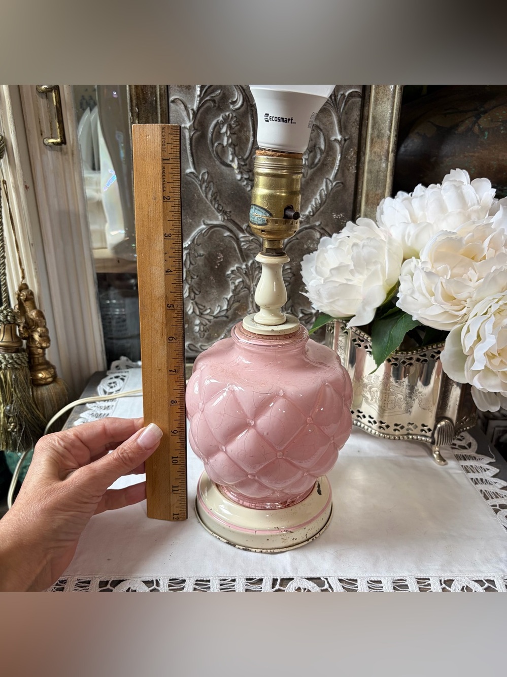 Vintage pink quilted glass lamp